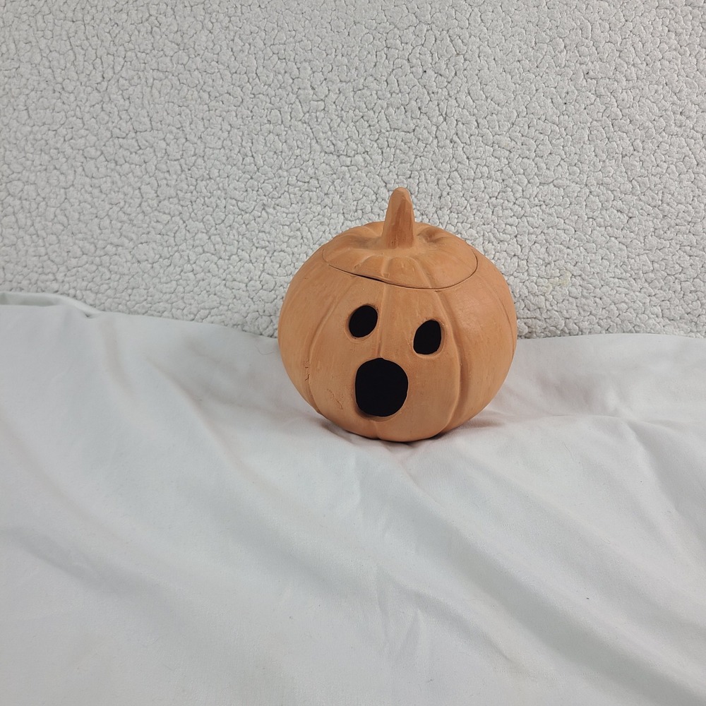 Terracotta Pumpkin Jack-O-Lantern Rustic Clay Halloween Decor with Lid 6 Inch